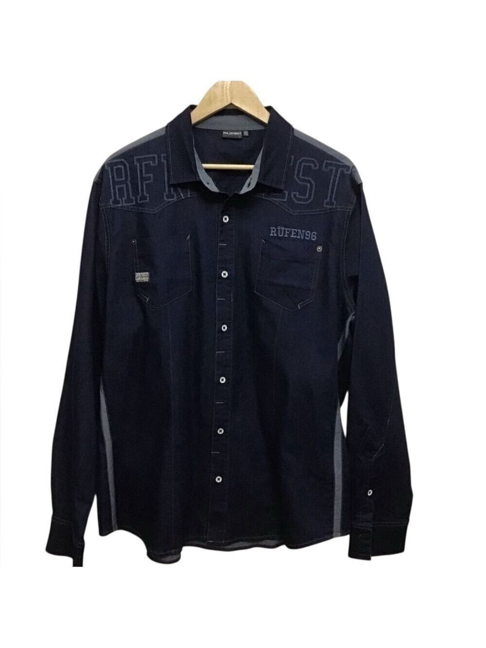RUFEN Men’s XXL Embroidered Denim Button Down Shirt | Cotton Stretch Long Sleeve